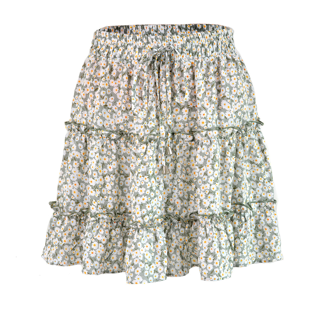 High waist ruffled floral skirt printed beach A-line skirt