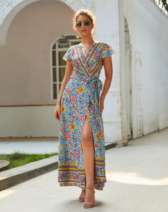 Women's Wrap V Neck Maxi Dresses Summer Short Sleeve Floral Split Casual Long Dress