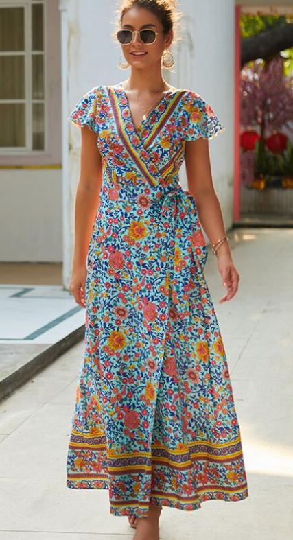 Women's Wrap V Neck Maxi Dresses Summer Short Sleeve Floral Split Casual Long Dress