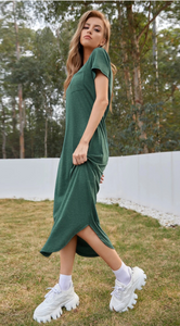 Women's Casual Loose Pocket Long Dress Short Sleeve Split Maxi Dresses