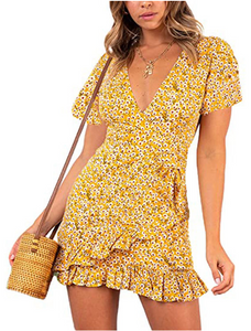 Summer Women Short Sleeve Print Dress V Neck Casual Short Dresses