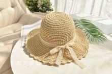 Load image into Gallery viewer, Straw hat with lace bow and wave on both sides beach hat female summer seaside vacation sunhat
