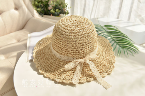 Straw hat with lace bow and wave on both sides beach hat female summer seaside vacation sunhat