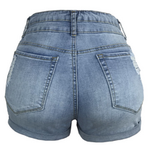 Load image into Gallery viewer, Women&#39;s hot pants with ripped hemming stretch high waist denim shorts
