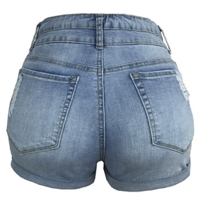 Women's hot pants with ripped hemming stretch high waist denim shorts