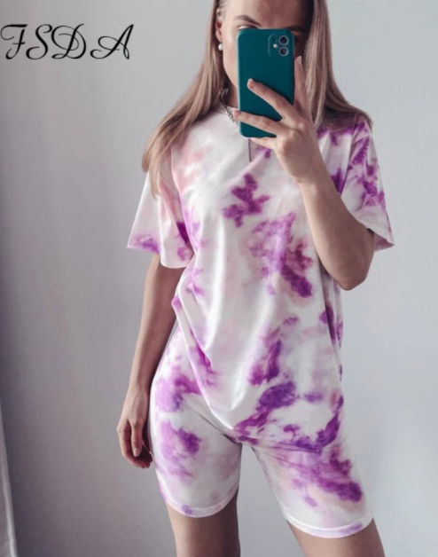 Sports two-piece tie-dye gradient loose casual T-shirt tight shorts