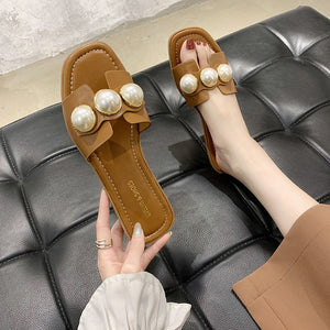 Pearl flip flops women low-heeled outer wear flat non-slip sandals and slippers