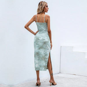 Split sling tie-dye dress sexy lace a-line knitted midi skirt