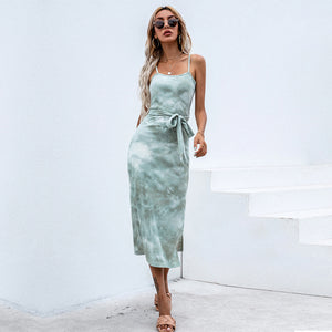 Split sling tie-dye dress sexy lace a-line knitted midi skirt