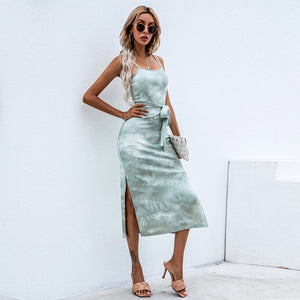 Split sling tie-dye dress sexy lace a-line knitted midi skirt