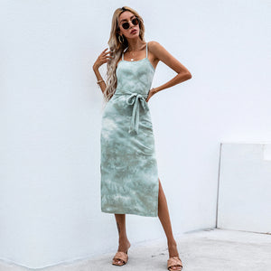 Split sling tie-dye dress sexy lace a-line knitted midi skirt