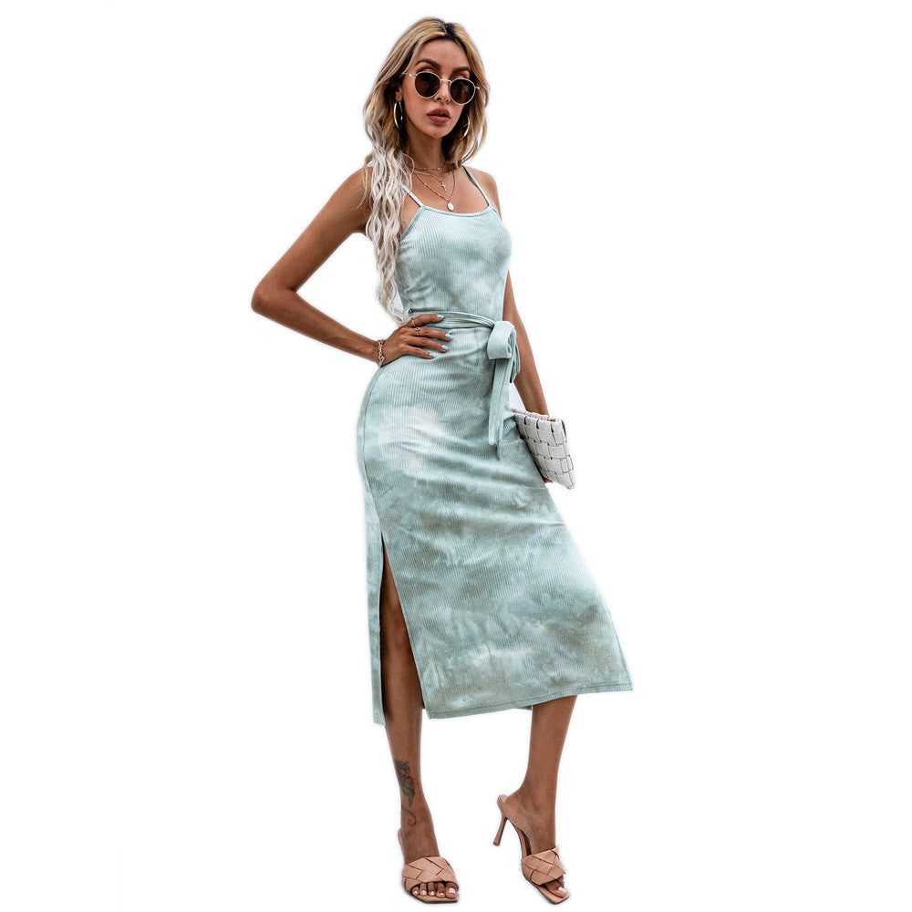 Split sling tie-dye dress sexy lace a-line knitted midi skirt